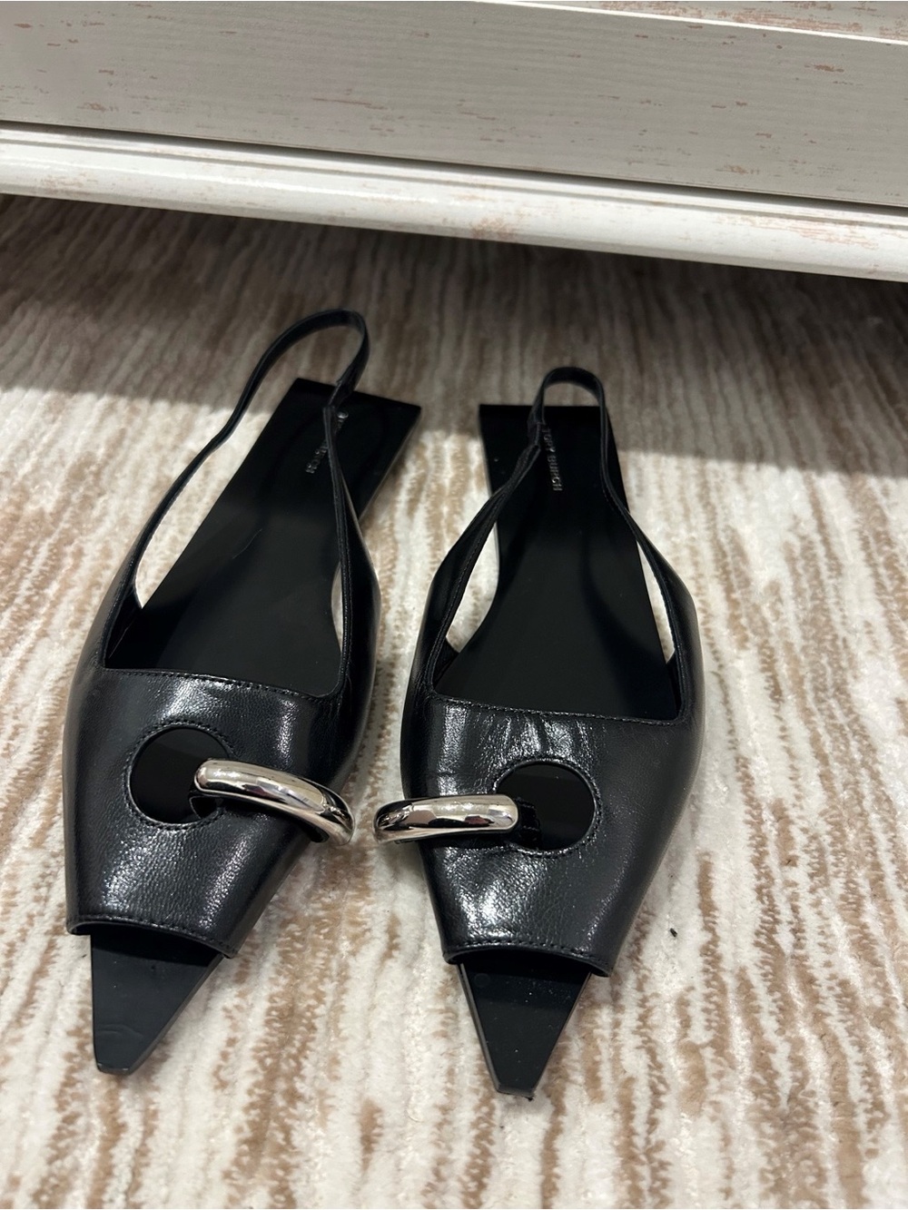 Tory Burch Black Leather Pointed-Toe Slingback Flats with Silver Hardware